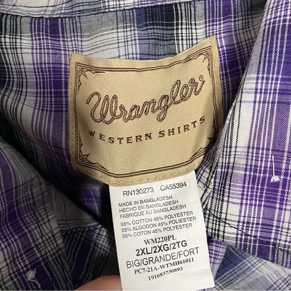 Wrangler Shirt 2X Plaid Purple Multicolor Casual Western Pearl Snap Button - Picture 4 of 7
